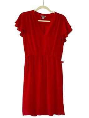 HM Red Swiss Dot Flutter Sleeve Dress Size 8 Fit and Flare Lined Mini Midi
